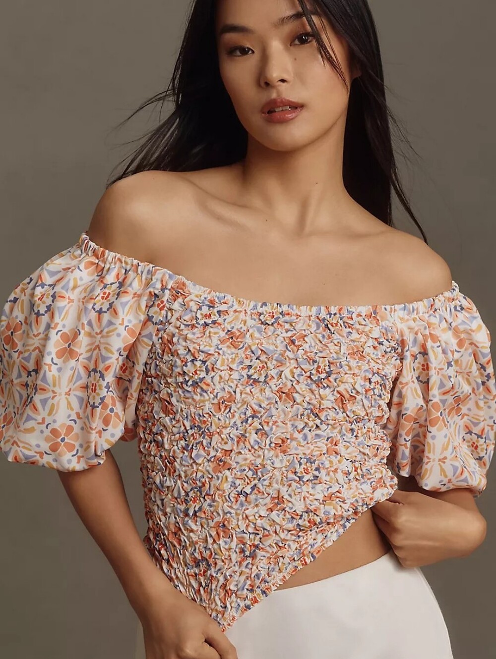 Anthropologie Dolan Off The Shoulder Textured Top in Orange Motif  M Cottagecore